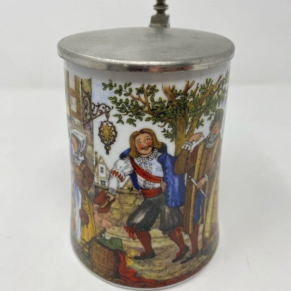 Vintage BMF German Milk Glass Beer Stein with Flat Pewter Lid